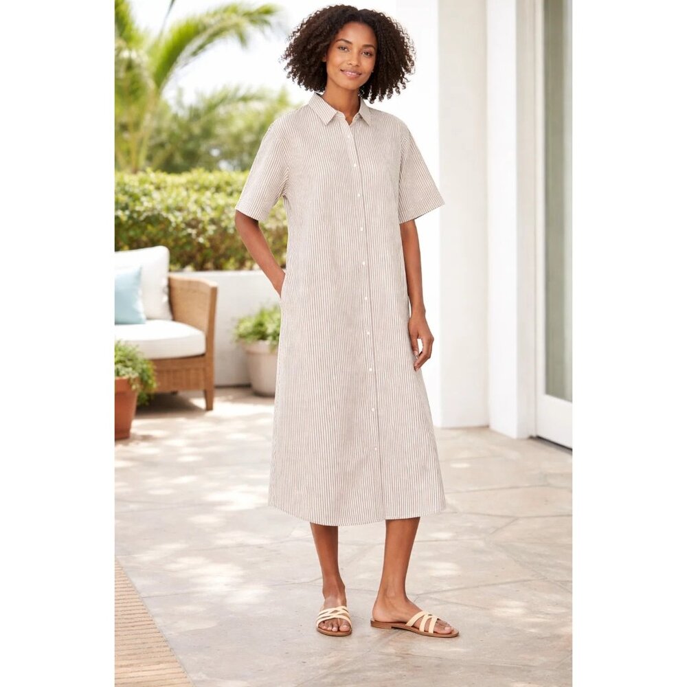 The Drop size Small Marla Drop-Shoulder Short-Sleeve Midi Shirt Dress Tan White